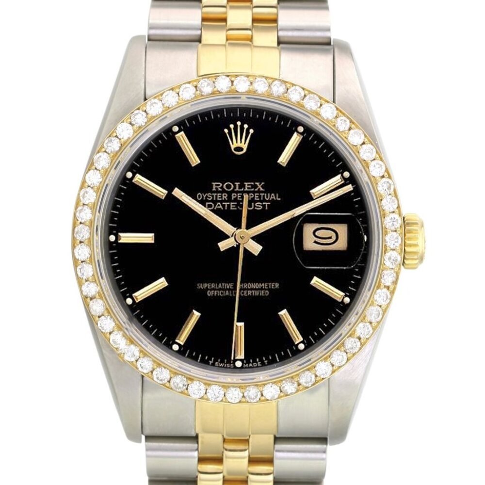 ROLEX DATEJUST BLACK INDEX DIAL 1.25CTW DIAMOND 18KY & STEEL JUBILEE WATCH 16233